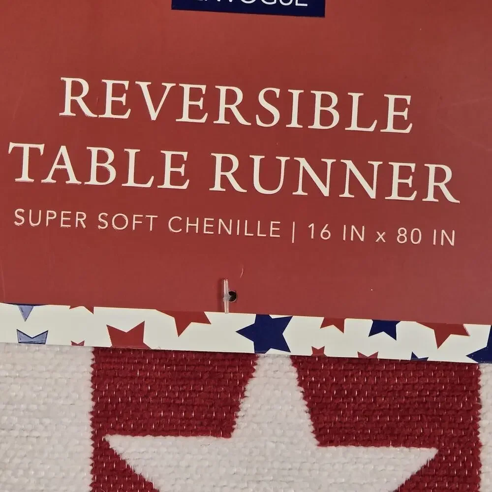 Table Runner USA Star Chenille Cloth Red White Patriotic 16x80